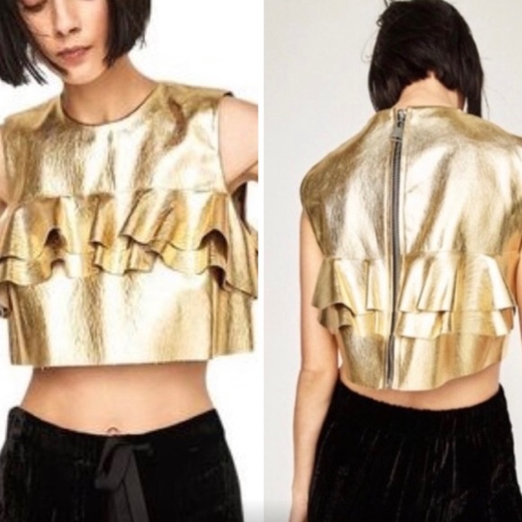 Zara Women XS Gold Metallic Crop Top - Picture 1 of 8